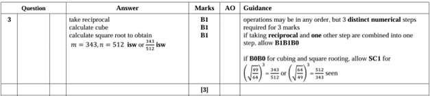 Mark scheme for Question 3 from Maths B paper 2 in 2023 which shows how the 3 B marks have been allocated.