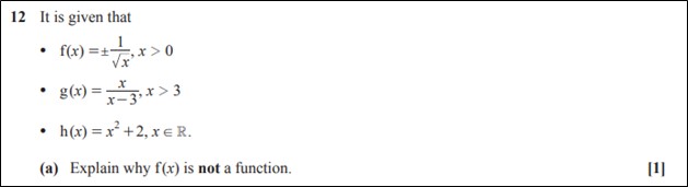 Image of question 12(a) of H640/02 from 2023. Three different equations are given along with their domains. 