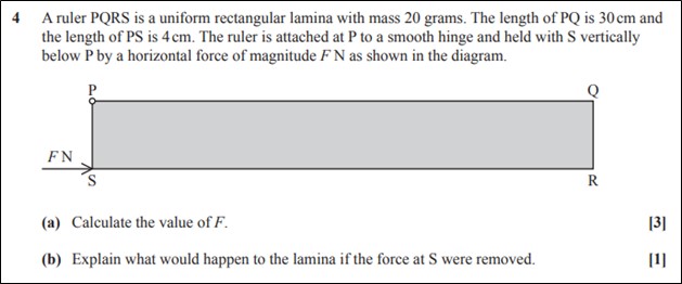 Image of question 4 of H640/01 from 2023 showing questions related to a uniform lamina. The question includes a diagram of a ruler along with the force affecting it.